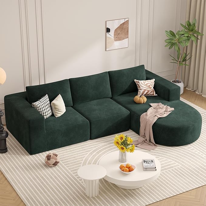 Modular Sectional Sofa with L-Shape Chaise,Cloud Sectional Modern Sleeper Couch with Deep Seat,Sponge Compression Sofas No Assembly Required(Green-Corduroy Fabric) 1PCS-Ruum Studio Home