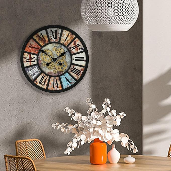 Unique Moving Gear Extra Large Wall Clock 21"-Battery Powered. Retro Industrial Steampunk Country Farmhouse Decor for Living Room, Kitchen,Bars, Restaurants, cafes, Offices(Black- 21")-Ruum Studio Home