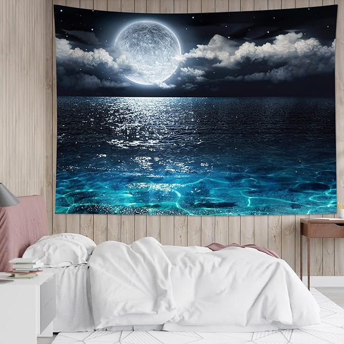LB Moon Over Ocean Tapestry, Night Sky Tapestry Wall Hanging, 3D Fantasy Psychedelic Watercolor Wall Art for Bedroom Living Room Dorm Home Decor, 60 x 40 Inches-Ruum Studio Home