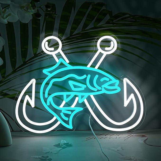 LISIGNVE Crossed Fish Hooks Neon Sign Fishing Led Neon Light for Wall Decor Fish On Light up Sign for Fishing Gear Store Yacht Gift for Father Boy(16.5 * 12.6 In)-Ruum Studio Home
