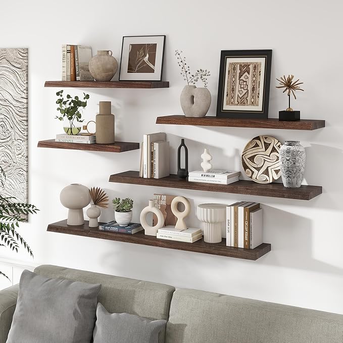 RICHFOCUS Live Edge Elm Floating Shelves - 40" W x 9.3" D Rustic Solid Wood Wall Shelves with Invisible Bracket, Wall-Mounted for Living Room, Bedroom, Kitchen Storage & Display, Set of 2, Walnut-Ruum Studio Home