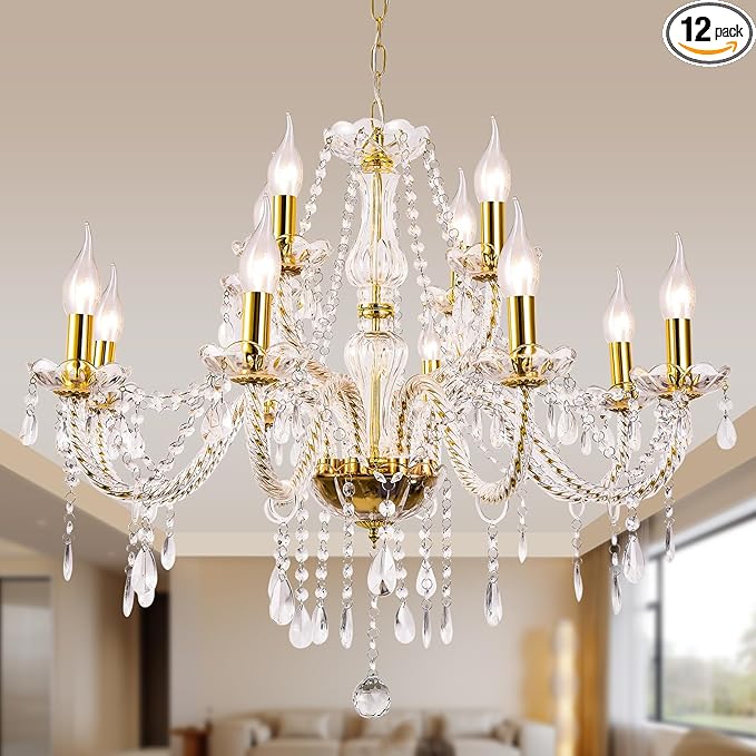 Modern Elegant 12 Lights K9 Crystal Glass Chandelier Golden Pendant Ceiling Lighting European Style for Dining Living Room Bedroom Transparent,12 E12 Bulbs Required-Ruum Studio Home