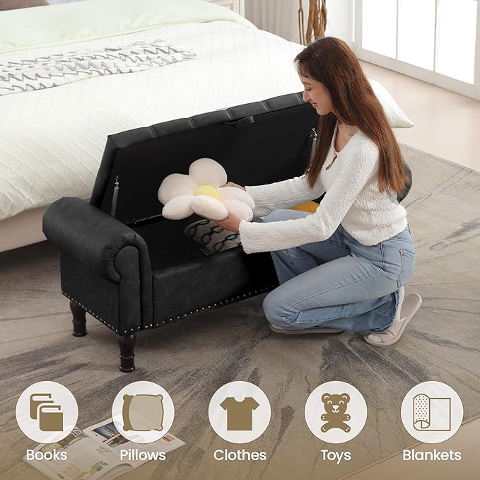 Storage Ottoman Bench for Bedroom, 51" Upholstered Bedroom Bench with Rolled Arms and Vintage Rivets, Large Storage Chest for Living Room, Bedroom, Entryway, Black-Ruum Studio Home