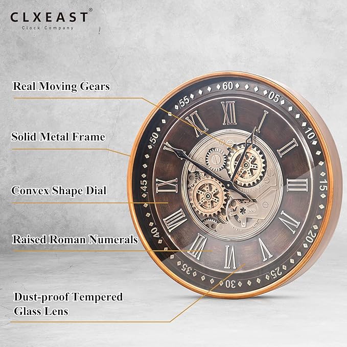 CLXEAST 24 Inch Wall Clock with Moving Gears,Oversized Large Industrial Steampunk Clock, Antique Gold Metal Roman Numeral Wall Clocks for Farmhouse Living Room Decor-Ruum Studio Home