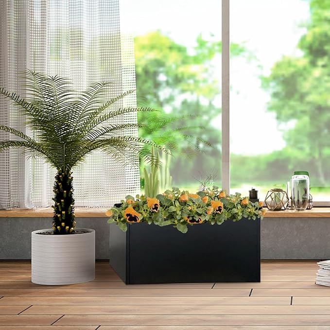 Galvanized Steel Planter Black Metal Outdoor Planter Powder Coated 32" x 12" x 16" Pot Metallic Heavy Pot Indoor & Outdoor, Commercial & Residential (L32 x W12 x D16, Black)-Ruum Studio Home
