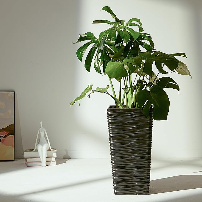 Worth Garden 2-Pack Black Tall Planter - Plastic Square Tapered Tree Plant Pots for Indoor Outdoor - 22" H - Modern Wavy Finish Decorative Flower Pots for Front Porch Containers Patio Deck-Ruum Studio Home