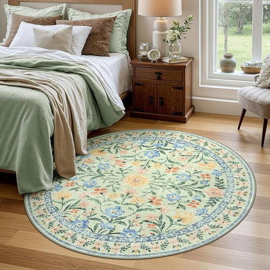 Wonnitar Washable Round Area Rug, 5ft Green Floral Round Rug Boho Soft Circle Carpet, Non Slip Low Pile Circle Accent Carpets for Kitchen Living Room Entryway Bedroom-Ruum Studio Home