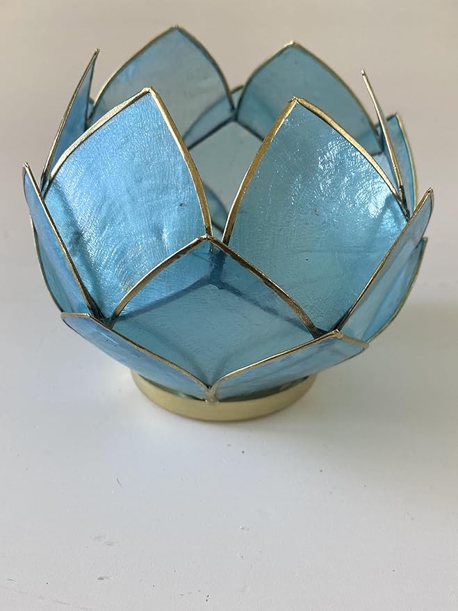 Blooming Lotus Capiz Shell Tealight Candle Holder, Handcrafted Decorative Tea Light Candleholder with Translucent Flower Petals for Ambient Illumination and Natural Elegance, Aquamarine-Ruum Studio Home