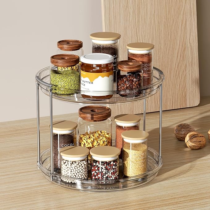 LAMU 2 Tier Lazy Susan Turntable Organizer 9.25'' Rotating Spice Rack Organization for Cabinet, Kitchen, Pantry, Countertop, Bathroom, Vanity, Medicine Cabinet Organizer, Clear-Ruum Studio Home