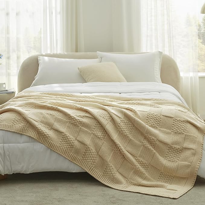 Amélie Home Chenille Knit Throw Blanket for Couch, Checkered Texture Decorative Soft Blanket for Sofa, Bed & Living Room, 50"x60", Beige-Ruum Studio Home