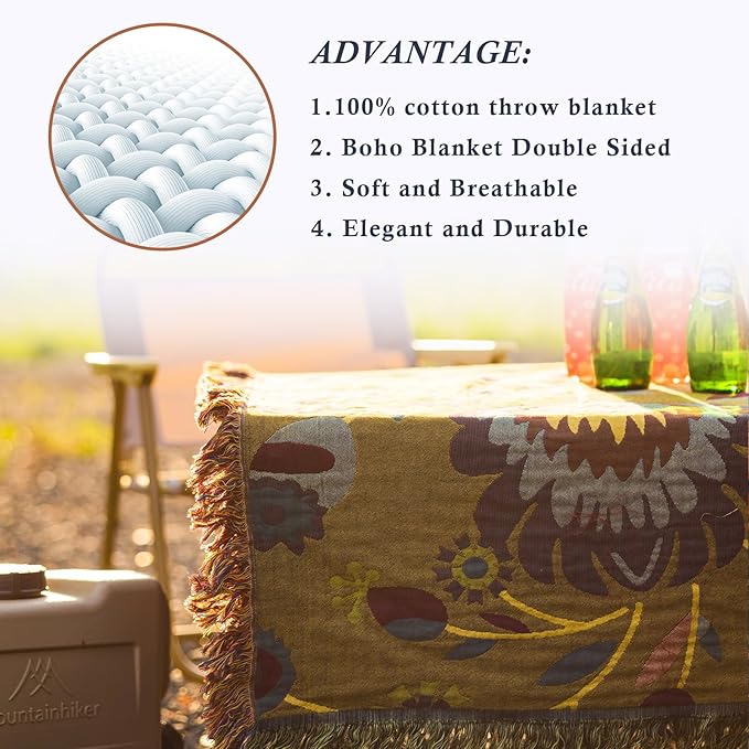 Snycler Boho Throw Blanket for Bed, 100% Organic Cotton Muslin Soft Throw-Yellow Boho Floral Farmhouse Rustic Spring Summer Fall Decor Blanket for Couch Sofa Quilt and Gift, 60" x 80"-Ruum Studio Home