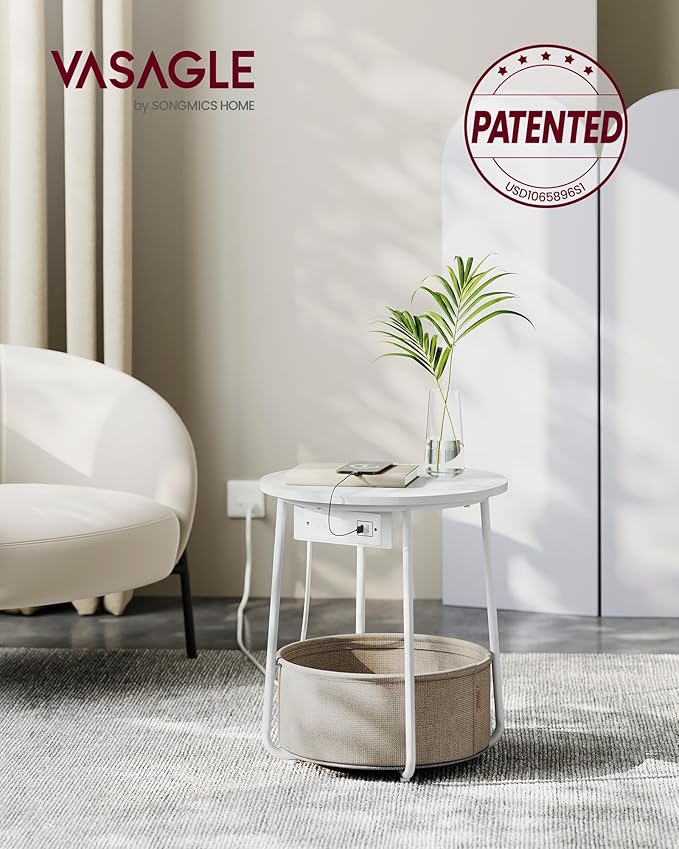 VASAGLE Side Table with Charging Station, Round End Table with Fabric Basket, Nightstand with Power Outlets, USB Ports, for Living Room, Bedroom, Modern, Matte White and Camel Brown ULET228W01-Ruum Studio Home