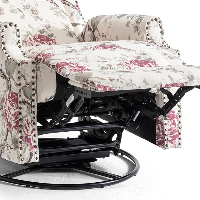 UIXE Swivel Rocker Manual Recliner Chair, Wingback Swivel Glider Fabric Nursery Reclining Sofa Chair, High Back Upholstered Arm Chair for Living Room Bedroom - Beige Floral-Ruum Studio Home