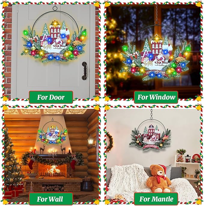 Light up Christmas Wreaths for Front Door, Welcome Metal Wooden Door Wreath Decor Hanging Sign, 30 LED Lighted Wall Decor Battery Operated for Halloween Indoor Outdoor (Santa Claus)-Ruum Studio Home