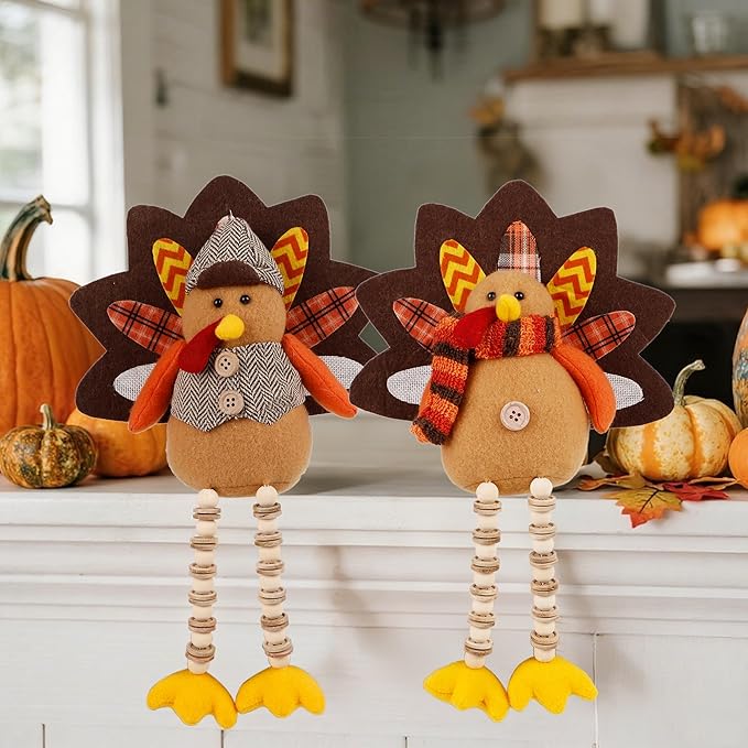 winemana Thanksgiving Decorations Set of 2 Turkeys with Dangling Legs, Mr and Mrs Turkey Couple Plush Tabletop Centerpieces for Fall Harvest Home Kitchen Shelf-Ruum Studio Home