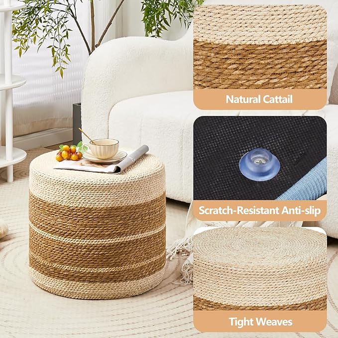 Wimarsbon 18'' Ottoman Pouf, Natural Braided Poof, Rustic Handweave Lounge Pouffe, Boho Footrest Stool for Bedroom, Accent Table or Seat for Living Room-Ruum Studio Home