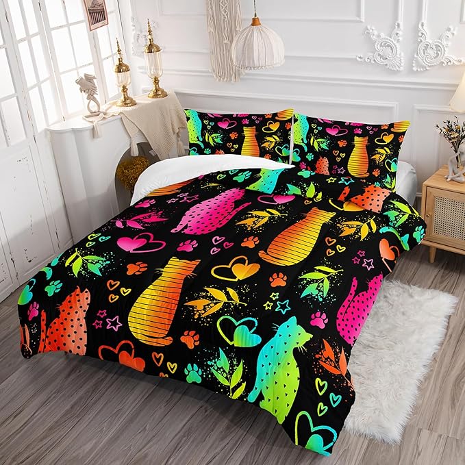 Kawaii Cat Animal Comforter 3Pcs Full Lovely Pet Cat Bedding Set for Kid Teen Girl Boy Adult Room Decor Cartoon Kitten Paw Heart Bamboo Leaf Pattern Quilt with 1 Comforter and 2 Pillowcases-Ruum Studio Home