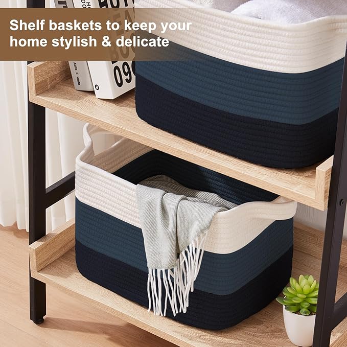Storage Basket for Organizing, Woven Baskets for Storage, Rectangle Decorative Baskets for Shleves, Closet, Toys, Books, Nursery Organizer Bins - Pack of 3 (Gradient Blue)-Ruum Studio Home