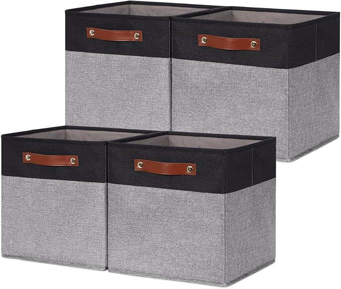HNZIGE Cube Storage Baskets,Fabric Storage Cubes 12 x 12, Set of 4,Decorative Storage Baskets for Organizing with Handles,Closet Bins for Shelf Organizer Home Toy Nursery Closet(Black Gray)-Ruum Studio Home
