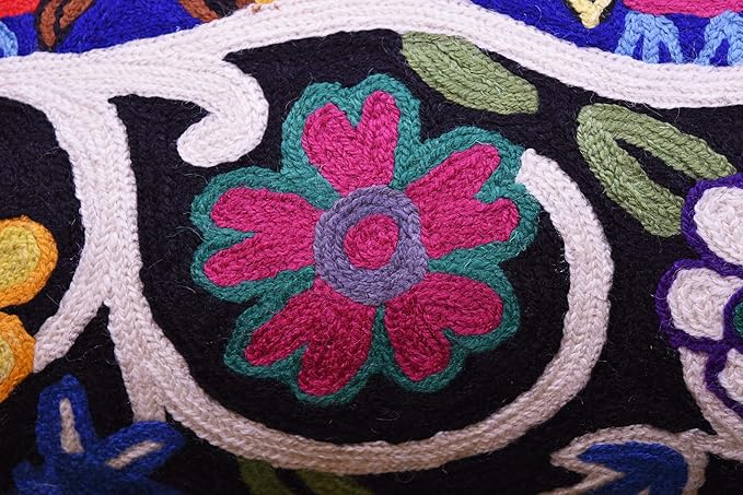 Lumbar Four Owls Decorative Pillow Cover Blue Whimsical Hand Embroidered Wool 14x20-Ruum Studio Home