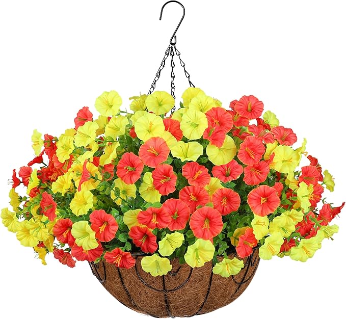 Artificial Fall Flowers Fake Hanging Plants Flowers Basket for Outdoors Autumn Decoration, Silk Morning Glory with Eucalyptus Look Real UV Resistant Faux Flowers for Outside Porch Patio Balcony, Mix-Ruum Studio Home