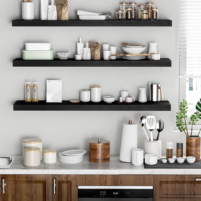 Floating Shelves - 10.3 Inch Deep Wall Shelf for Decor & Storage - Wall Mounted Display Shelving with Invisible Heavy-Duty Metal Bracket - 48" W x 10.3" D x 1.8" H - Set of 1 - Rustic Black-Ruum Studio Home