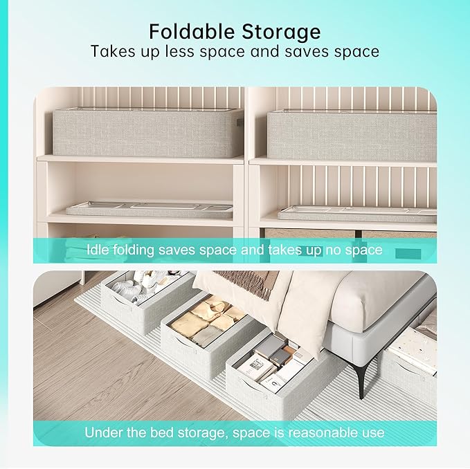 3PCS Under Bed Storage Bins with Metal Frame, Linen Fabric Frame Storage Box Clothes Organizer Bins, Underbed Container with Clear Window (Light Grey, 23.6 x 13 x 6IN)-Ruum Studio Home