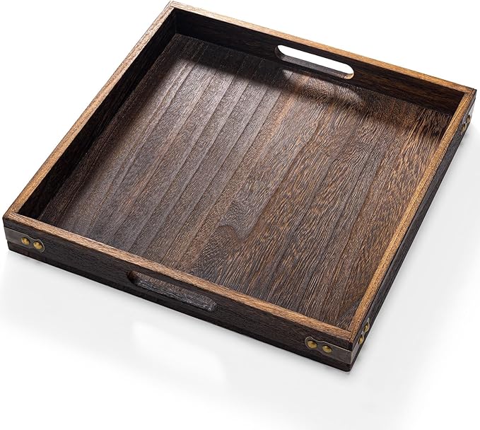 Yangbaga Serving Tray with Handles,12.5"*12.5"Wood Decorative Tray for Living Room,Modern Coffee Table Tray,Square Large Serving Platters for Home Decor,Ottoman,Bed,Kitchen,Bathroom, Breakfast,Bar-Ruum Studio Home