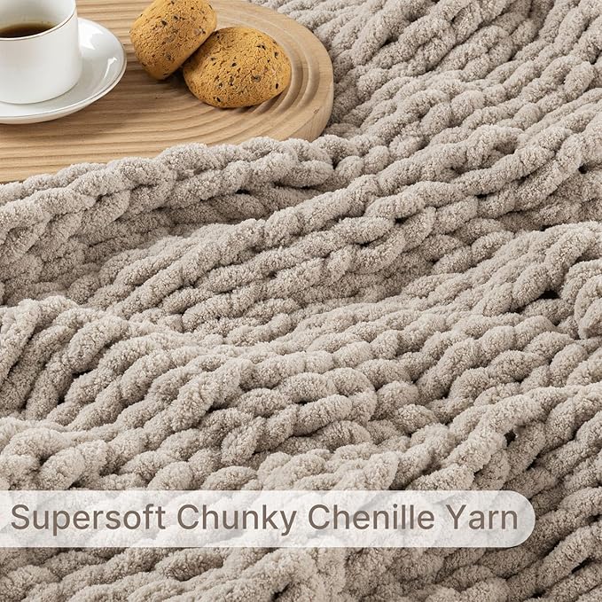 Chunky Knit Blanket Throw, 100% Hand Knit Throw Blanket Handmade Chenille Cable Knit Throw for Couch, Stylish Cozy Soft Rope Knot Crochet Blanket for Home Decor, Beige Linen, 50x60 Inches-Ruum Studio Home