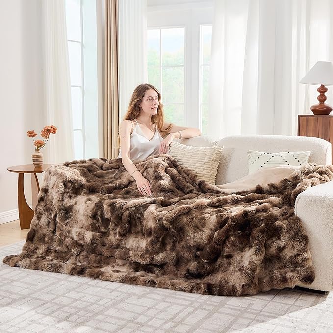 Lotus Karen Faux Fur Throw Blanket Tie-Dye Dark Coffee - Big Bubble Rabbit Fluff Blanket for Couch, Large Fluffy Fuzzy Cozy Blanket,Thick Furry Plush Shaggy Blankets,90x90 Inches-Ruum Studio Home