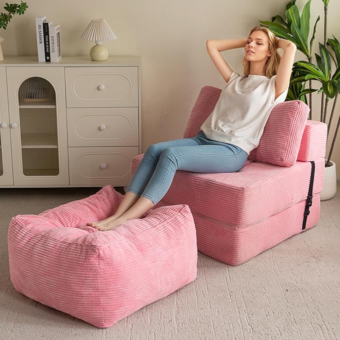 HIGOGOGO Square Stuffed Pouf Ottoman, Corduroy Poufs with Foam Chunk Filling, Furry and Fluffy Pouf Foot Stool Storage Ottoman, 25.6 X 25.6 Floor Poufs Foot Rest for Living Room, Pink-Ruum Studio Home