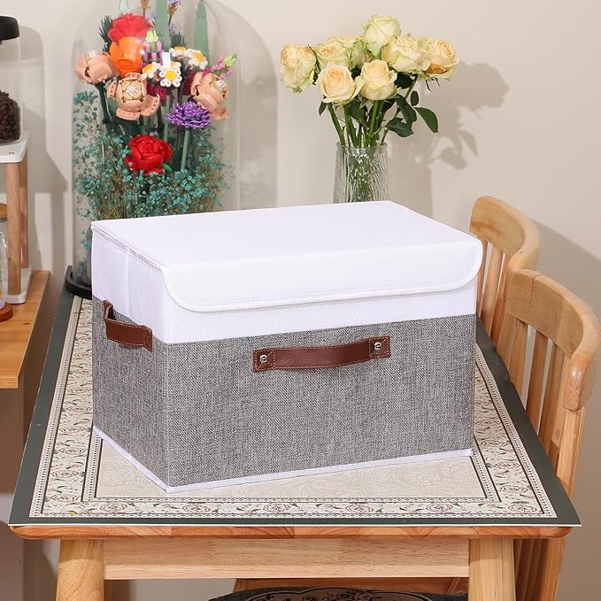 ANMINY Storage Boxes with Lids Washable Decorative Storage Bins Basket with PU Leather Handle Foldable Linen Fabric Storage Cubes Containers for Home Closet Organizer - Gray White, Large Size-Ruum Studio Home