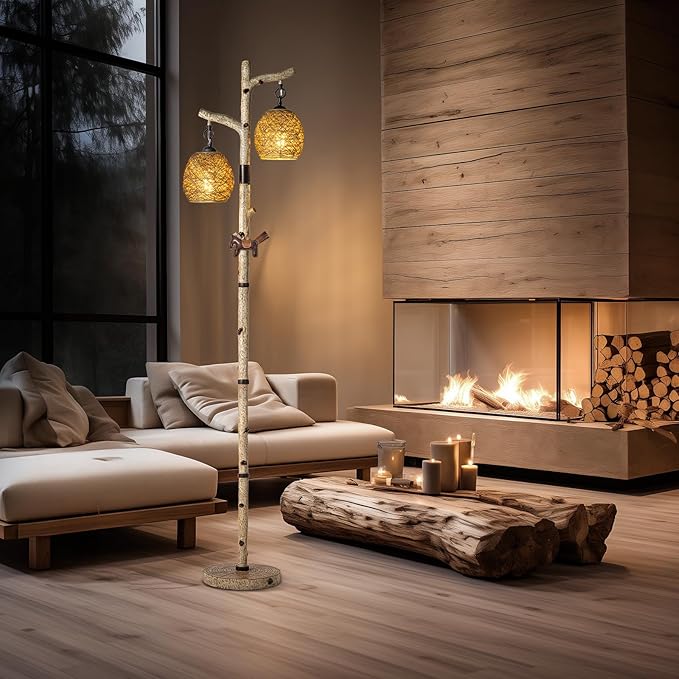 68.5" Rustic Farmhouse Remote Control Switch Birch Tree Floor lamp with Bird Nest Lantern Shade Vintage Standing Lamp for Living Room Bedroom Hotel Bar Office Wood House(Bulb Included)-Ruum Studio Home