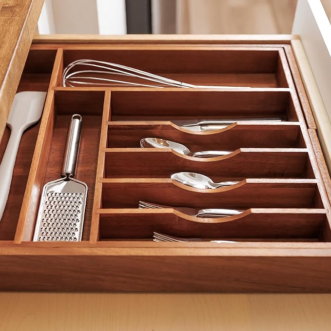 Premium Silverware, Flatware and Utensil Organizer for Kitchen Drawers, Food-Safe Contract Grade, Expandable from 16 to 28 In, Natural Acacia-Ruum Studio Home