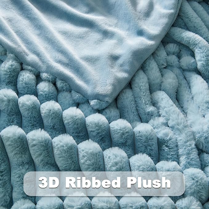 NEWCOSPLAY Faux Fur Throw Blanket Blue 3D Ribbed Plush Thick Warm Blanket for Couch Sofa Bed 850GSM (Blue Ribbed, Throw(50"x60"))-Ruum Studio Home