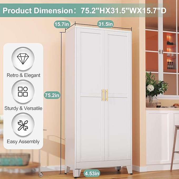 Metal Pantry Cabinet with 2 Doors and 5 Adjustable Shelves, 75" Kitchen Storage cabinets with Gold Handles, Versatile Storage for Laundry Room, Living Room, Bathroom, Dinning Room, Utility Room-White-Ruum Studio Home