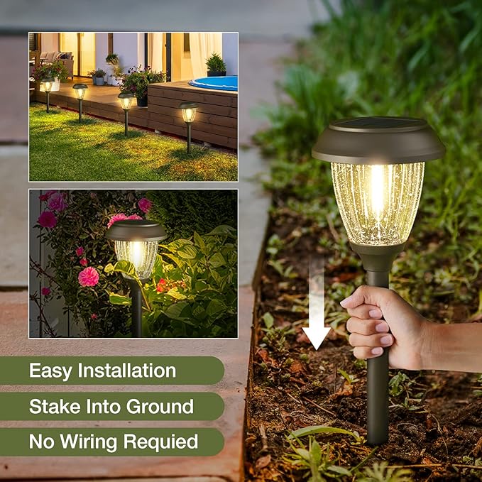 XMCOSY+ Solar Lights Outdoor 10/25 LM LED with 2 Lighting Modes, Solar Garden Lights Glass and Metal, IP65 Waterproof Solar Powered for Yard Pathway Walkway Driveway Patio (6 Pack, Warm White)-Ruum Studio Home