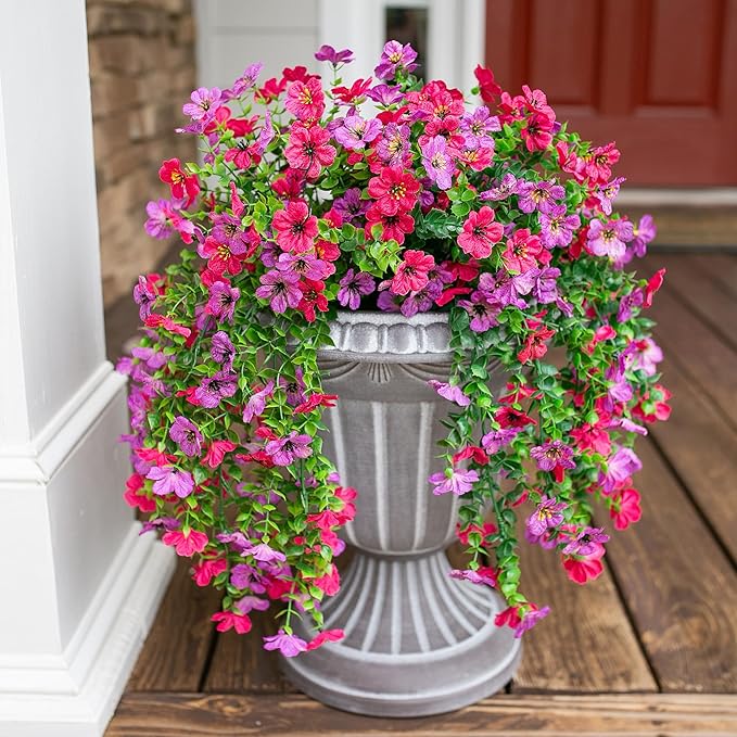 Artificial Faux Hanging Flowers Plants for Outdoor Decor, 2 PCS Outside Fake Silk Violets with Eucalyptus UV Resistant Realistic Daisy Trailing Vines for Planter Balcony Porch Patio Yard, Purplepink-Ruum Studio Home