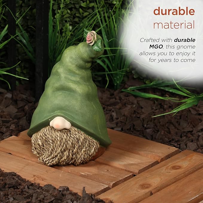 Alpine Corporation - 10" Tall Outdoor Garden Gnome Decor - Gnome Head with Rope Beard and Flower on Green Hat – Durable Lawn Scupture, Ideal for Patio, Deck, & Yard-Ruum Studio Home
