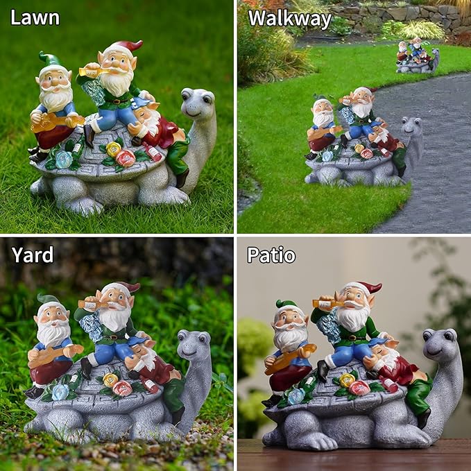 Upgraded Size Solar Garden Outdoor Statues Three Gnomes having party on turtle with 7 LED Solar Figurine for Lawn,Patio,Balcony,Yard Decor Unique Housewarming Gift, for grandfather, Father,Grandma,Wen-Ruum Studio Home