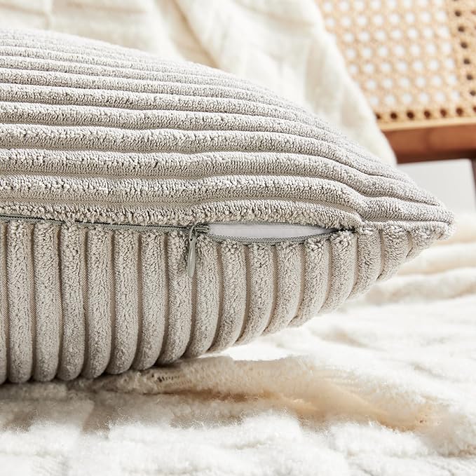 Fancy Homi 2 Packs Neutral Grey Lumbar Decorative Throw Pillow Covers 12x24 Inch for Living Room Couch Bed Sofa, Farmhouse Home Decor, Soft Striped Corduroy Rectangle Accent Cushion Case 30x60 cm-Ruum Studio Home