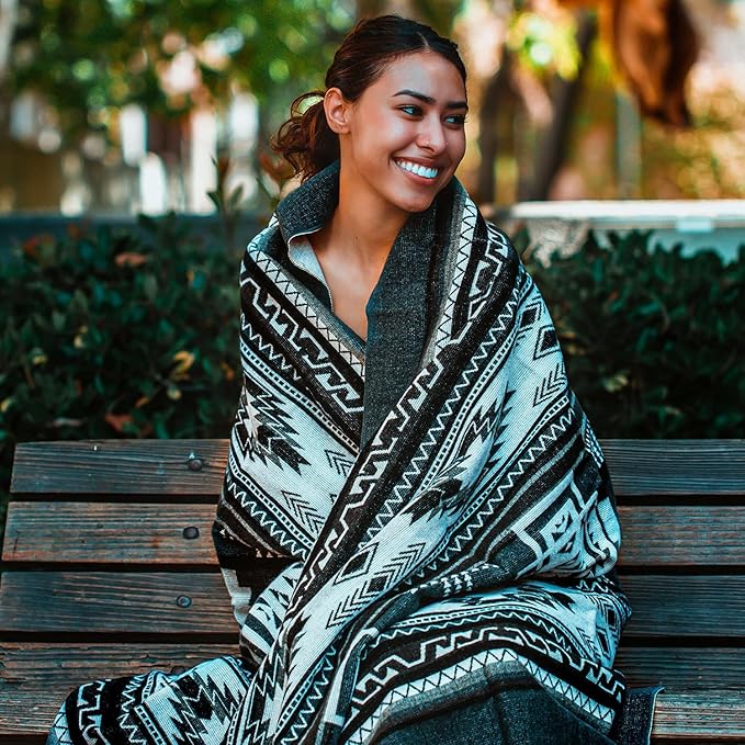 Off the Grid Inca Aztec Throw Blanket | Southwest Indian Navajo Boho Style | Native Woven Western Cover for Camping, Bedding, Couch (King, Cotopaxi Slate)-Ruum Studio Home