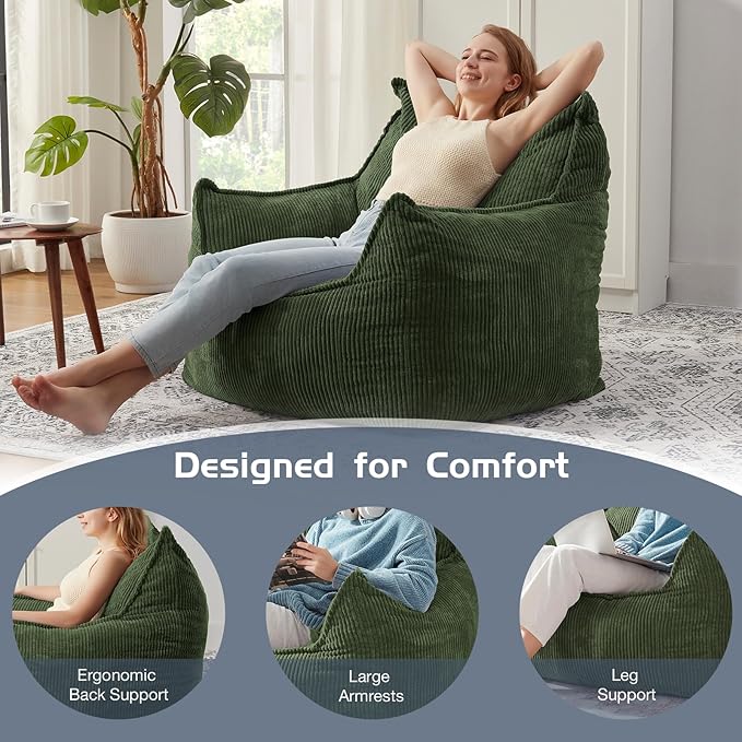 Giant Bean Bag Chair Sofa for Adults Teens, Comfy Corduroy Large Bean Bag Chairs with Armrests for Bedroom Living Room, Adult BeanBag Lazy Sofa Couch Chairs with Filler Included-Ruum Studio Home