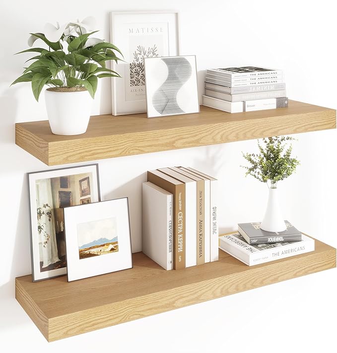 Heimlove 12 Inch Deep Floating Shelves, 48 x 12 inches Long Wall Shelf, Large Display Shelf & Storage Shelf, Rustic Wood Wall Shelves for Fireplace Mantel, Set of 2(Oak)-Ruum Studio Home