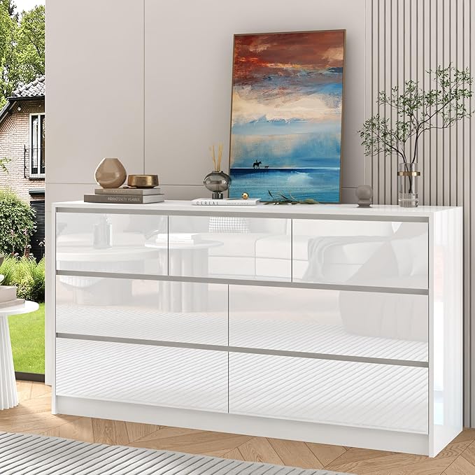 White Malm Dresser for Bedroom, 55 Inch Full High Gloss Dresser with 7 Drawers, Modern Large Wood Chest of Drawer Handle Free, Living Room, Entryway, Hallway, White-Ruum Studio Home