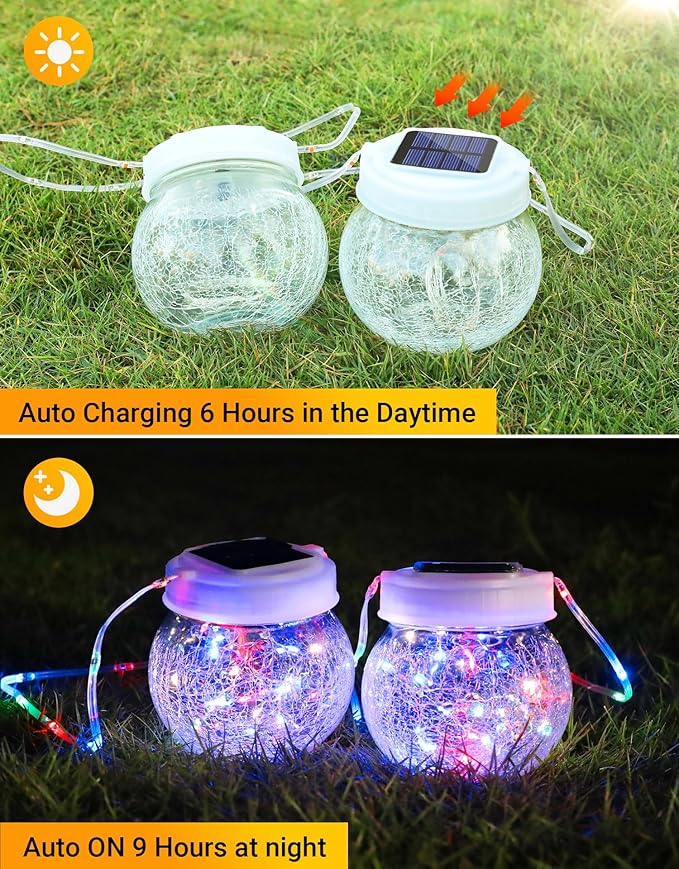 Solar Lantern Solar Lights Outdoor Waterproof 6-Pack, Solar Powered Hanging Lights Cracked Glass Hanging Globes for Christmas Decoration, Shepherd Hook, Garden Tree Ornaments,White Cap, Multi-Color-Ruum Studio Home