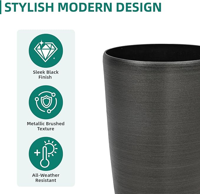 22.8" Resin Planters for Outdoor Plants, Set of 2 Modern Large Flower Pots with Handmade Brushed Metal Finish, Weather Resistant for Indoor/Outdoor Year-Round Use-Ruum Studio Home