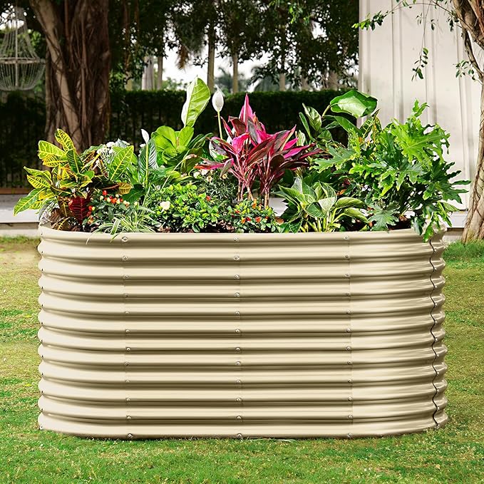 Land Guard 6x3x3ft Oval Galvanized Raised Garden Beds, Large-Capacity Metal Planter Box Outdoor, Durable Deep Raised Garden Bed 3ft Tall, Raised Beds for Gardening Vegetables, Cream Yellow-Ruum Studio Home
