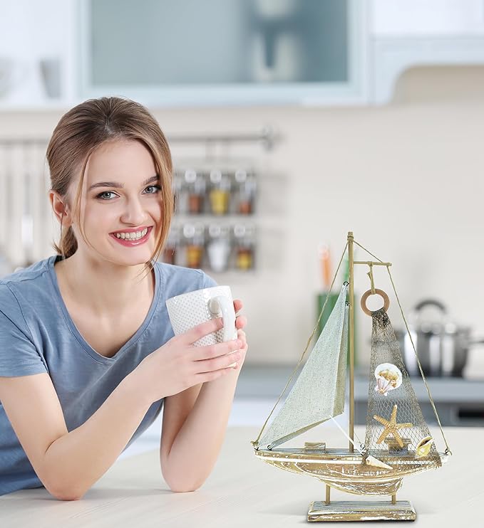 Puzzled Baja Haven Sailboat Decor - Handmade Beach Themed Wooden Boat Home Decor for Living Room Shelves, Tabletop, Desk, Cute Nautical Party Decorations - 14.5 Inches-Ruum Studio Home