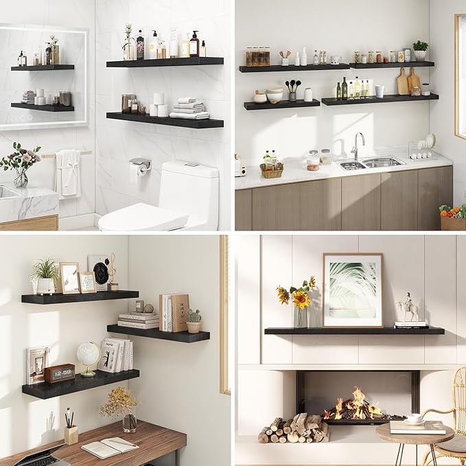 48 Inches Floating Shelves for Wall, 9.3" Deep Long Floating Shelves Set of 1, Large Display & Storage Shelf, Wall Shelf for Bathroom Bedroom Living Room Kitchen Office, Black-Ruum Studio Home